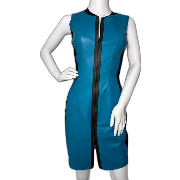 Elie Tahari Leather Lambskin Teal Blue Zip Front Bodycon Mini Dress size 0 - Picture 1 of 9